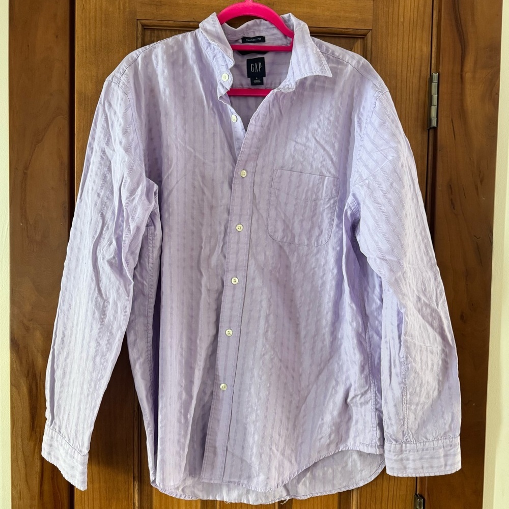 Gap Button Up Shirt Women's Large Lilac Lavender Striped Classic Fit Top